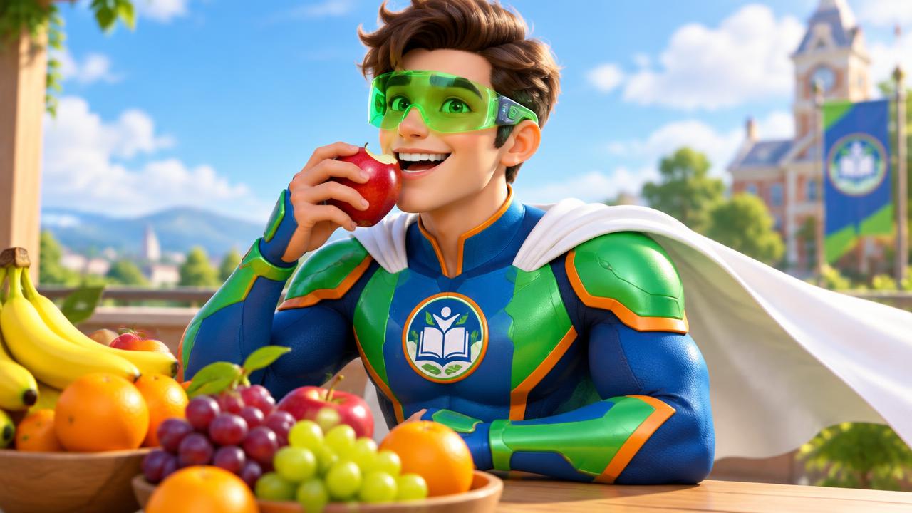 Super Hábito come una manzana rodeado de frutas