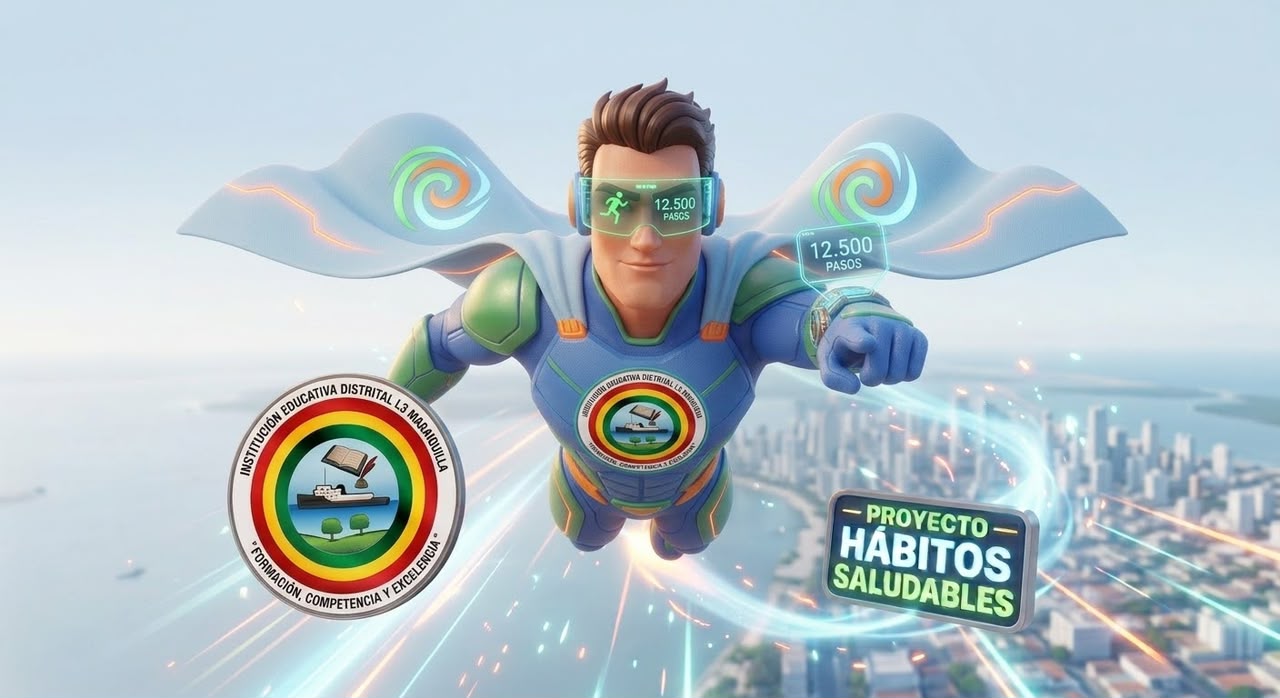 Super Hábito, superhéroe de la institución con traje azul y verde, capa blanca y visor verde, volando sobre la ciudad