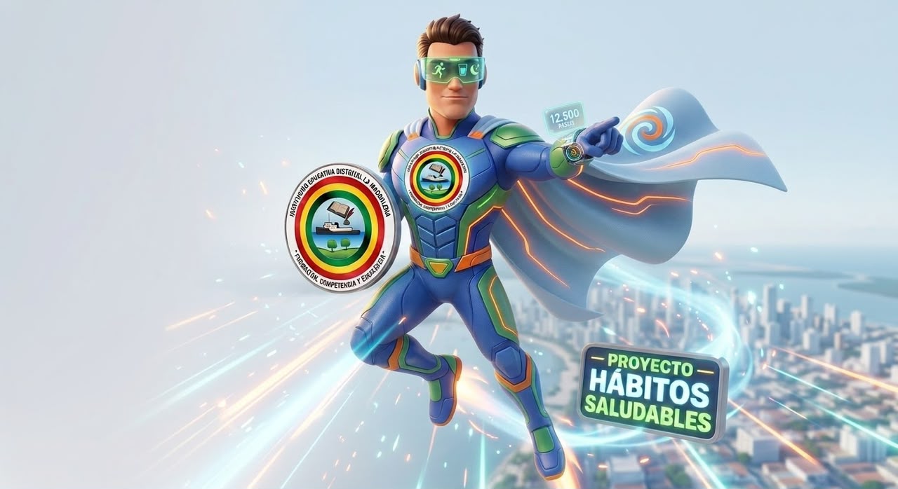 Super Hábito vuela con su capa blanca y su visor muestra 12.500 pasos